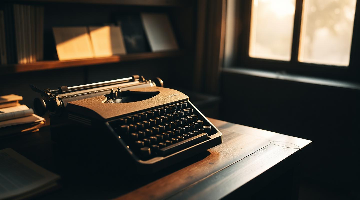 A vintage typewriter on a wooden desk, morning light through the window